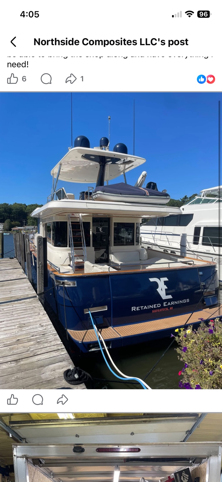 Maestro 65 yacht at the dock during Northside's mobile gelcoat refinishing work