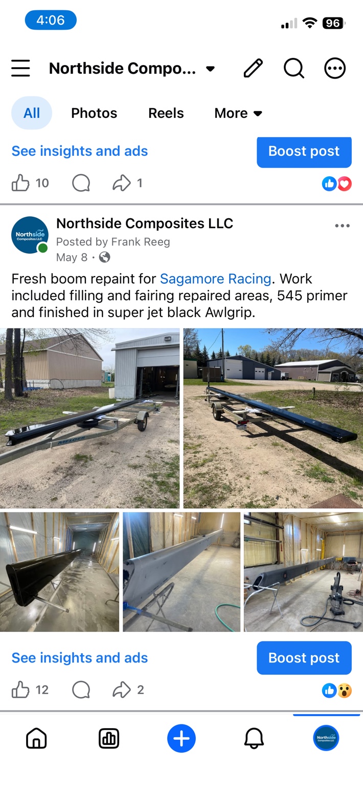 Repainted black sailboat boom displayed in Northside's Facebook post